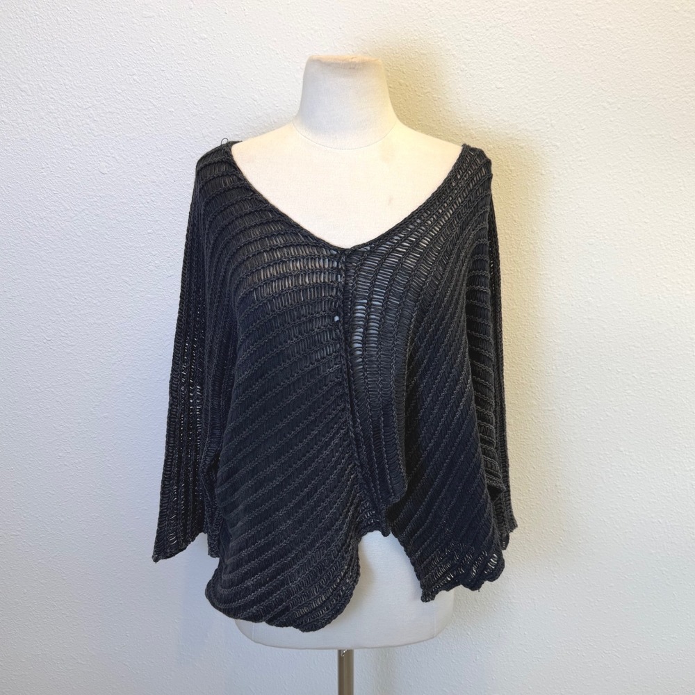 B&K Moda Gray Asymmetric Open Knit Sweater Womens M/L Lagenlook Slouchy Indie